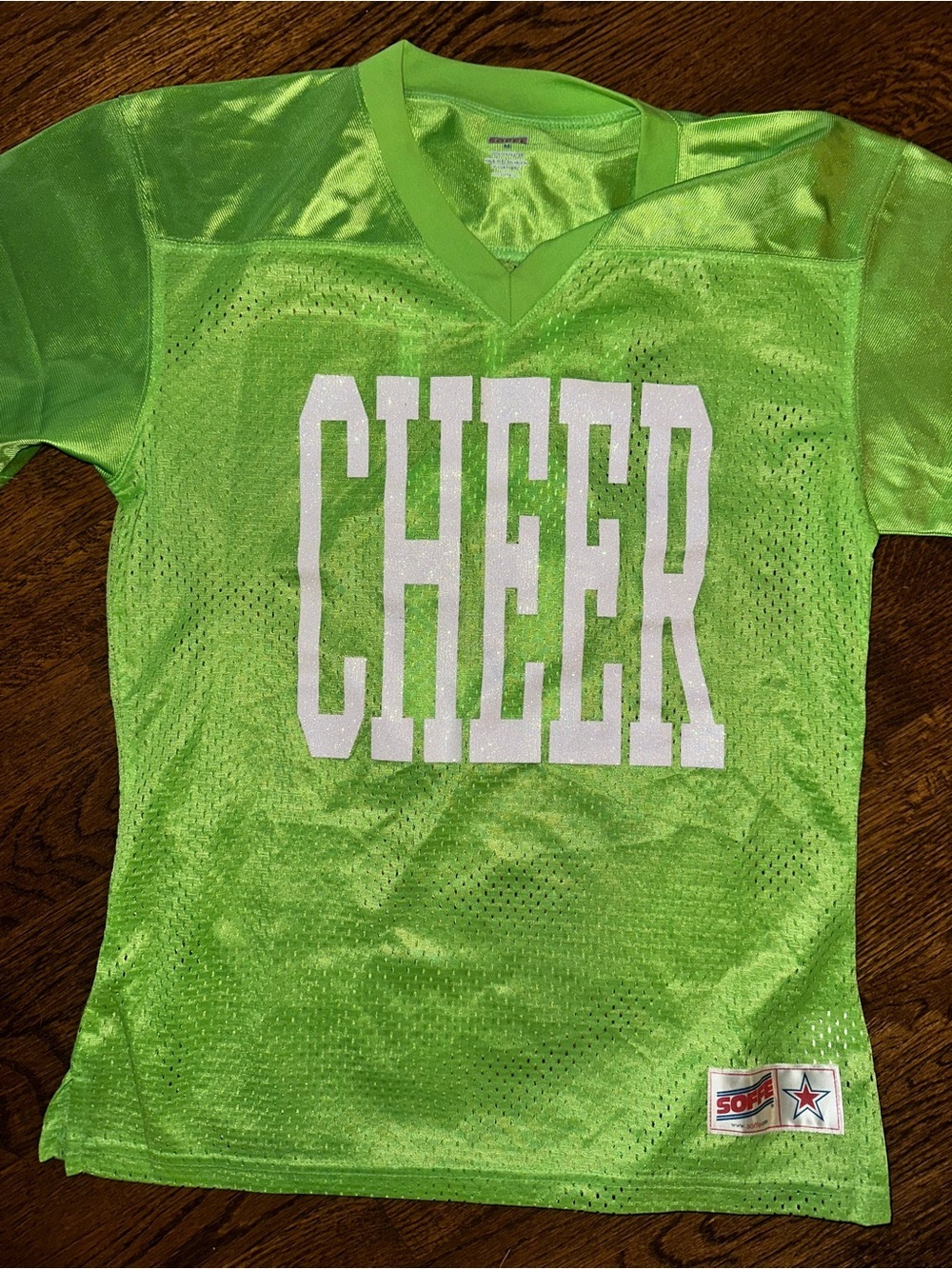 Soffe V-Neck Neon Green 'CHEER' Glitter Mesh Jersey Top - EUC Medium - Picture 1 of 6